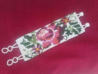Mexican Huichol Handmade Beaded Bracelet Handmade Chaquira Rose Design White
