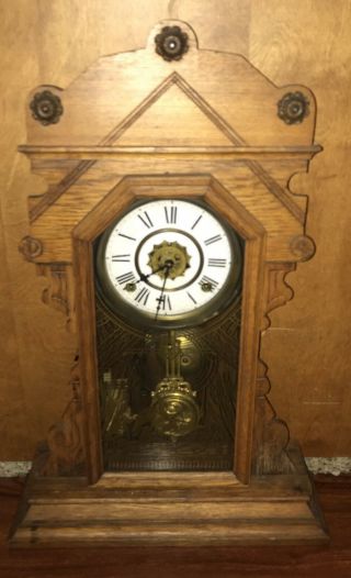 Vintage 1874 Waterbury Mantel Clock W Pendulum/key Alarm Reverse Painted Birds