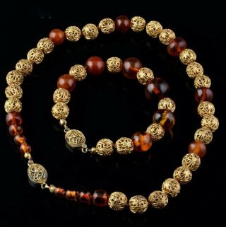 Fine Antique Chinese Cherry Amber & Gold Gilt Filigree Silver Bracelet Necklace