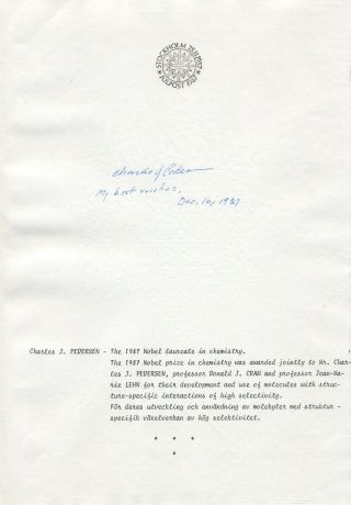 1987 Nobel Prize In Chemistry Charles J Pedersen Orig Autograph From 1987 Rare