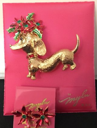 Vintage Mylu Rhinestone Dachshund Dog Brooch And Poinsettia Earrings Set