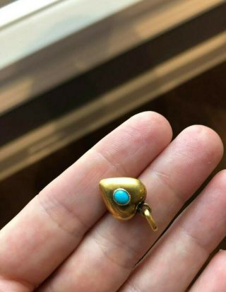 Antique Victorian English 15k Gold Turquoise Puffy Heart Charm C1870