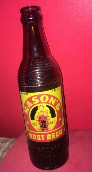 Vintage Mason Root Beer Soda Pop Advertising Glass Bottle Paint Label 10 Ounce