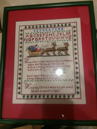 Vintage Cross Stitch " Night Before Christmas " Framed And Matted