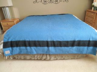 Vintage WOOL BLANKET Lodge BLUE w/ 2 STRIPES 72 x 94 Made In ENGLAND For May Co 2