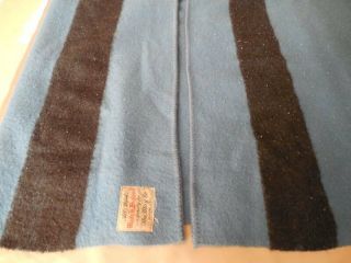 Vintage WOOL BLANKET Lodge BLUE w/ 2 STRIPES 72 x 94 Made In ENGLAND For May Co 3