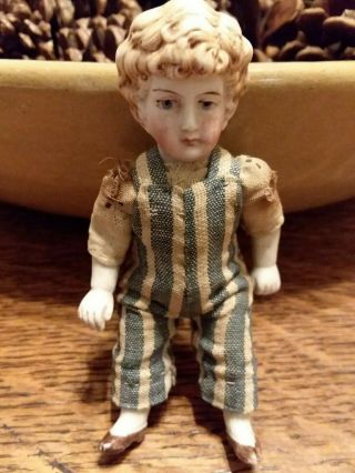 Tiny Little Antique 4 1/2 " Bisque Dressed Boy Doll Germany Jointed Arms & Legs