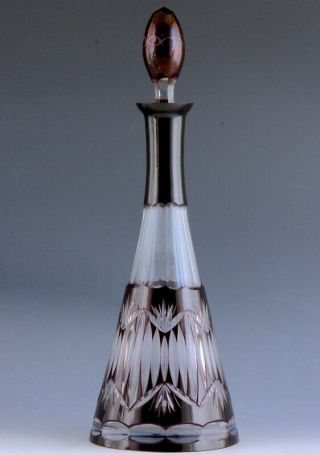 Stylish Vintage Bohemian Czech Burgundy Cut To Clear Glass Whiskey Wine Decanter