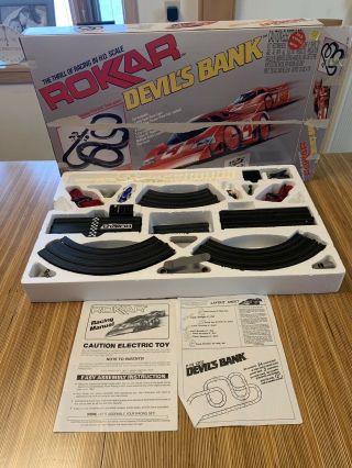 Vintage Rokkar Devils Bank Slot Car Racing Track Electric Toy Set H.  O.  Scale