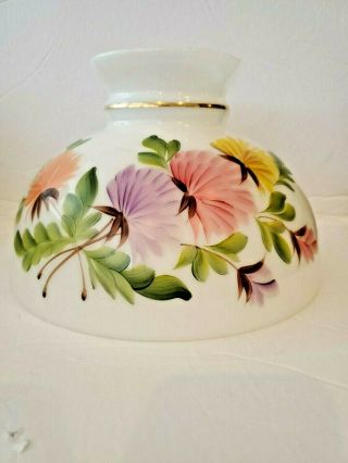 Vintage Hurricane Lamp Shade Milk Glass Painted Floral With Leaves