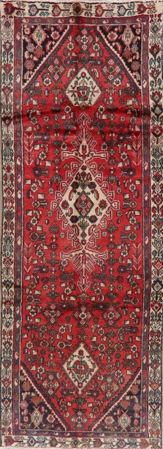 Vintage Traditional Geometric 9 Ft Red Runner Rug Hamedan Hand - Knotted Wool 3x9