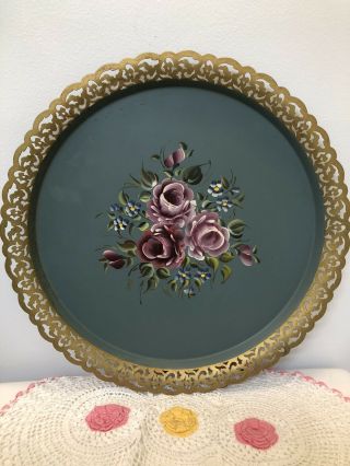 Vintage Nashco Hand Painted Floral Metal Tray With Reticulated Border 15 Inches