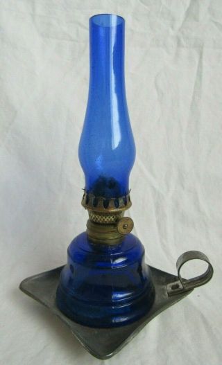 Vintage Small Cobalt Blue Oil Lamp On Metal Base