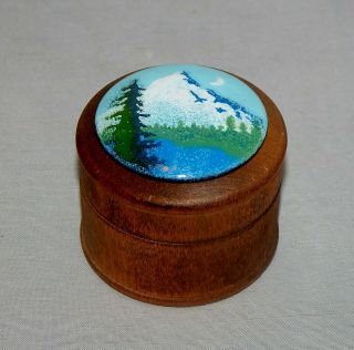 Wooden Round Trinket Box With Enameled Cameo Top With Mountain Scene