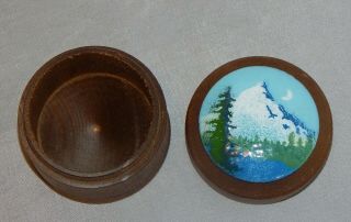 Wooden Round Trinket Box with Enameled Cameo Top with Mountain Scene 2