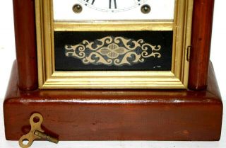ANTIQUE 1870 ' S HAVEN MAHOGANY 8 DAY COTTAGE CLOCK W/ REVERSE PAINTED GLASS 2