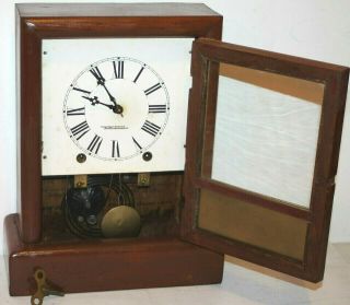 ANTIQUE 1870 ' S HAVEN MAHOGANY 8 DAY COTTAGE CLOCK W/ REVERSE PAINTED GLASS 3