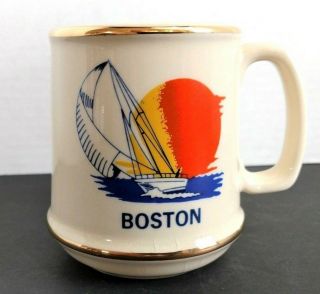 Vintage Boston Ceramic Coffee Mug Tea Cup Ocean Sun Sailboat Design Made In Usa