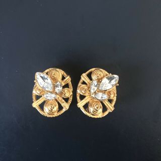 Christian Lacroix Vintage Clip On Earrings Gold Tone Rhinestones Oval 1990s