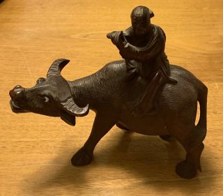 Vintage Asian Wood Hand Carved Chinese Water Buffalo,  Rider 9” By 9