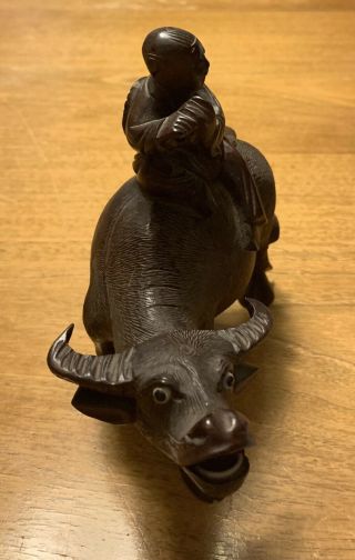 VINTAGE ASIAN WOOD HAND CARVED CHINESE WATER BUFFALO,  RIDER 9” By 9 2