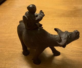 VINTAGE ASIAN WOOD HAND CARVED CHINESE WATER BUFFALO,  RIDER 9” By 9 3