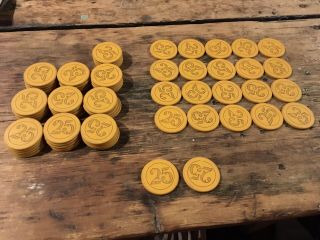 70 Antique Engraved Clay 25 Poker Chips Yellow