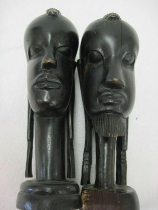 Vtg Set Of 2 African Ebony Wood Hand Carved Head Bust Maasai Tribe Man Woman 8 "