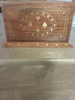 Vintage Double Deck Playing Card Carrier Wood Box Inlaid Brass Case Great Gift