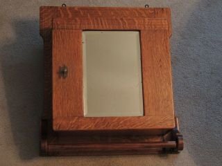 Vintage Oak Quarter Sawn Medicine Cabinet With Towel Rod And Beveled Mirror