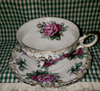 Vintage Lefton China Three Footed Pink Rose Tea Cup & Saucer Hand Painted