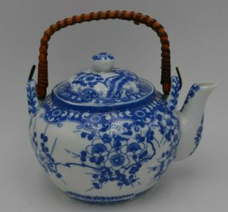 Vintage Blue And White Cherry Tree Teapot With Bamboo Handle