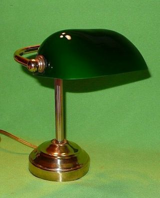 Small Brass Bankers / Desk Side Lamp With Thick Green Glass Shade.  9 3/8 " High