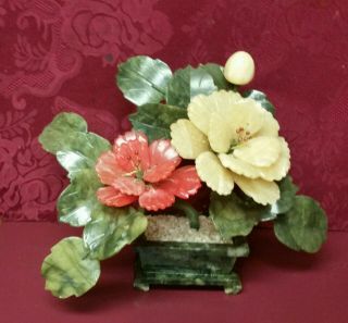 Carved Jade And Stone Bonsai Tree In Spinach Jade Pot