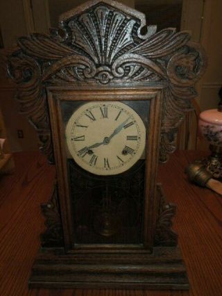 1800 S Antique Old Wind Up Clock Shelf Mantel Hand Carved 21 Inches Tall