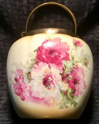 Awesome Signed Ceramic Floral Decorated Handled Biscuit Jar With Lid