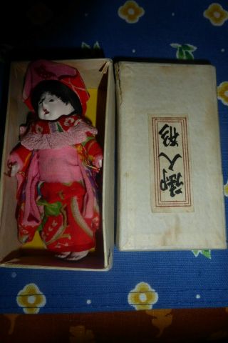 Vintage Miniature Japanese Doll Figure W/ Bisque Box Cloth 3.  5 " Japan
