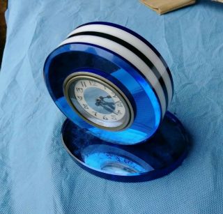 Vintage Art Deco Cobalt Blue Mirror Chesler 8 Day Clock,  Glass Stripes