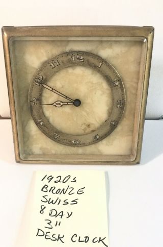1920s Bronze Swiss Desk Clock 3” Running 8 Day