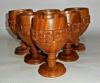 Vintage Wooden Goblet Set Of 6 Hand Carved Floral Artwork 6 " Tall