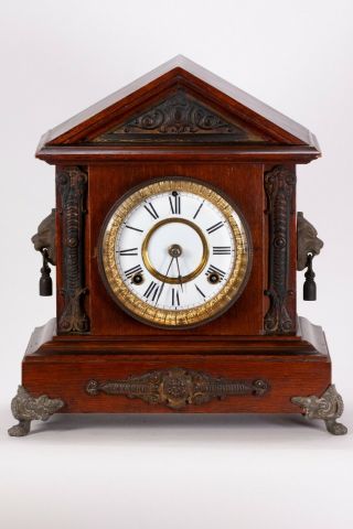 Antique Waterbury Clock Co Empire Wood & Brass Lion Head Mantle Shelf Clock