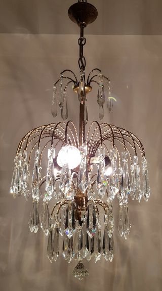 Antique Vintage Brass & Crystals Waterfall Chandelier Lighting Ceiling Lamp