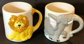 Vintage Jsny Ceramic Childrens Mugs 3d Hand Painted Animal Cups Lion & Elephant