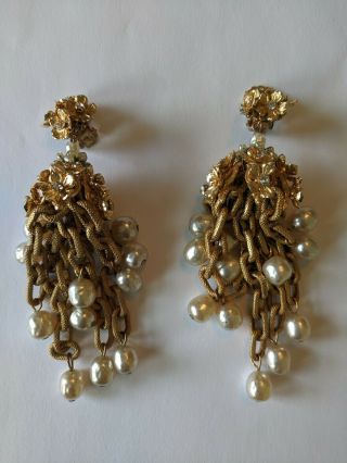 Huge Vintage Miriam Haskell Goldtone Pearl Rhinestone Dangle Earrings