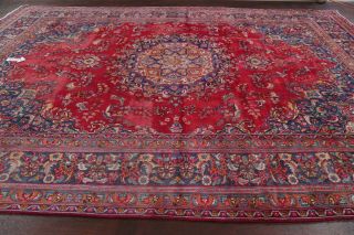 Vintage Traditional Floral Red/blue Meshad Area Rug Hand - Knotted Oriental 10x13