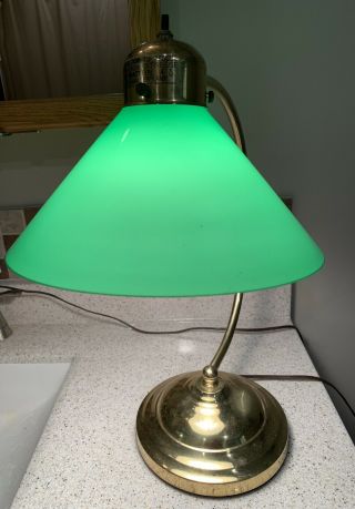 Vintage Art Deco Bankers Brass Desk Lamp Green Cone Glass Shade
