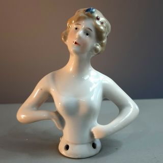 Antique 3 " Porcelain Half Doll Bust Pin Cushion Lady Germany German Blonde Lady