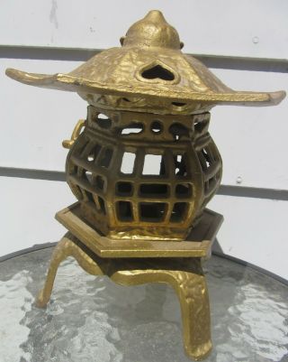 Vintage Japanese Asian Pagoda Cast Iron Candle Garden Lantern Metal Art Antique