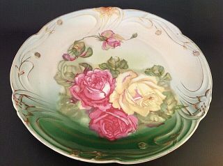 Vintage Cabinet Plate.  Large 12 1/2 " Red & Yellow Roses W/gold Designs & Trim