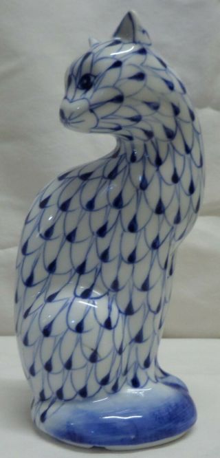 Hand Painted Herend Style Blue Fishnet Porcelain Cat Figurine
